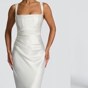 Strapless White Satin Square-Neck Dress